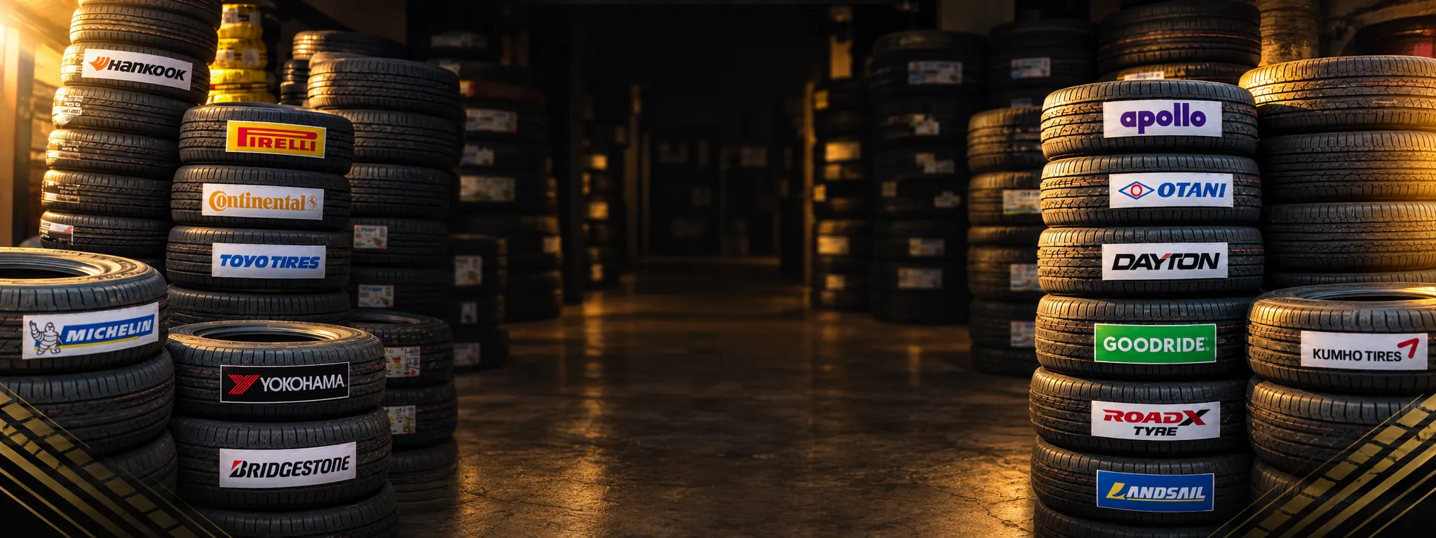 K2P TIRE ร้านยางรถยนต์สวนสยาม–รามอินทรา ภาพประกอบกองยางรถยนต์หลายแบรนด์ พร้อมป้าย Apollo, Otani และ Dayton สำหรับแบนเนอร์ K2P TIRE